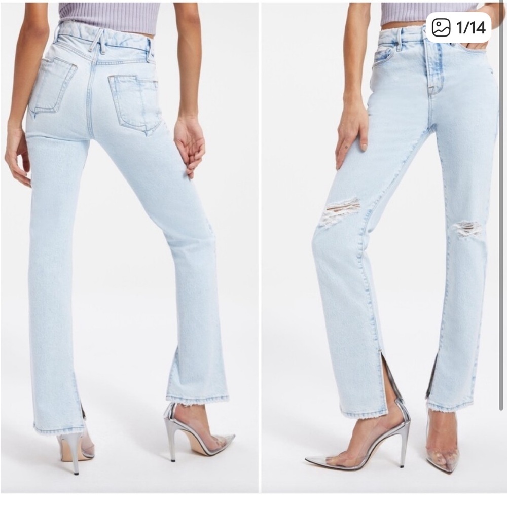 Good American Good Boy High Rise Straight Leg Jean Light Wash Slit Hem size 6/28